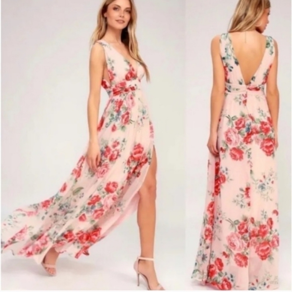 Lulu's Garden Meandering Floral Chiffon Sleeveless Maxi Dress Blush Size Small - Picture 3 of 14